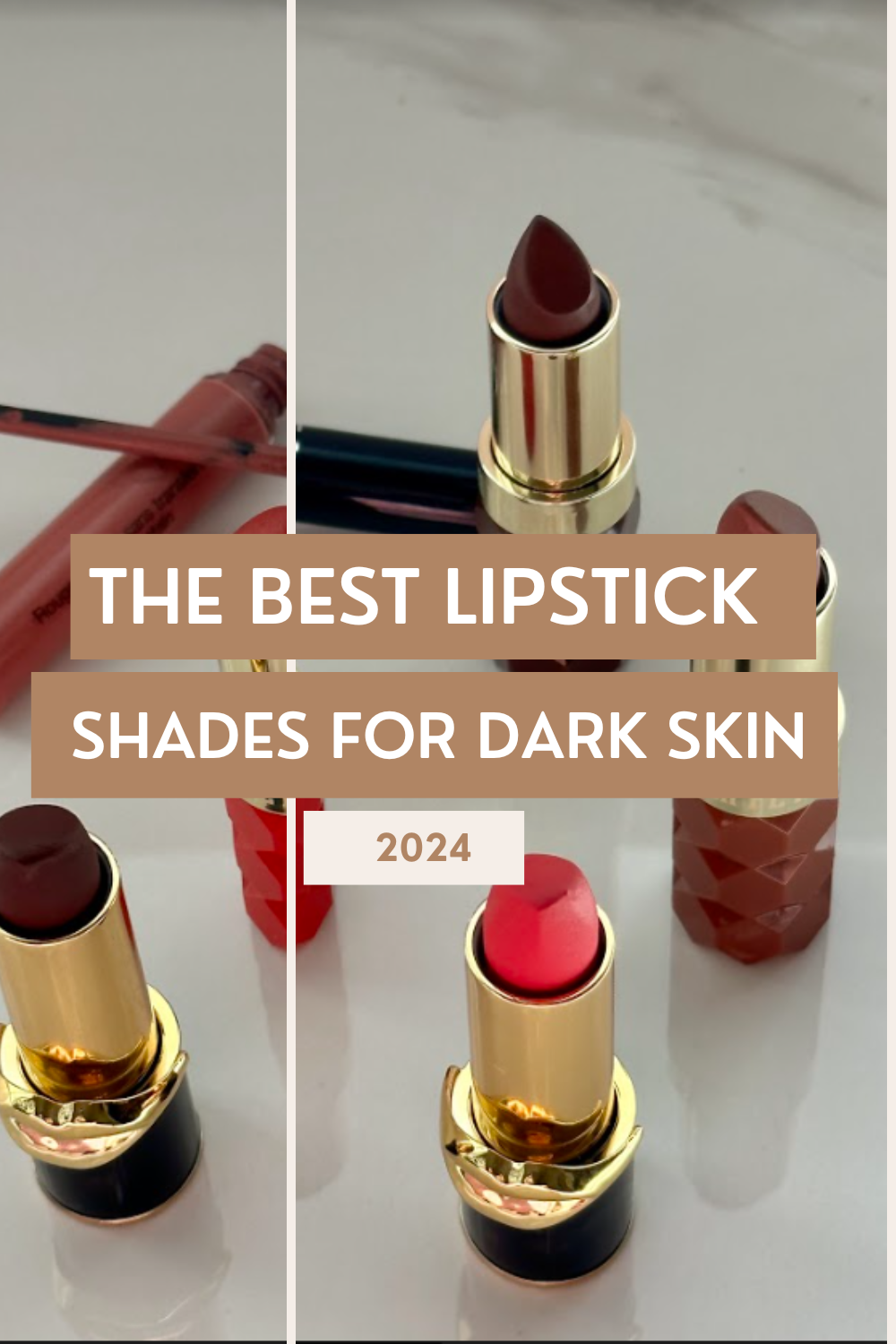 Different shades of red lipstick with text the Best Lipstick shades for Dark Skin 2024