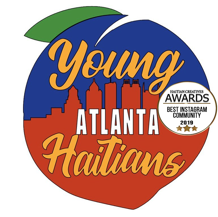 a peach graphic with haitian flag in a city scape. the words "young Atlanta Haitians" accross the image.