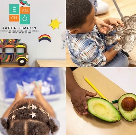 Four part image of kids learning Haitian creole. Top right corner child holding Haitian iron art lower right corner infant hand touching avocado, lower left corner back of child in blue water play activity, top left former Jaden Timoun logo with tap-tap bus cut out.